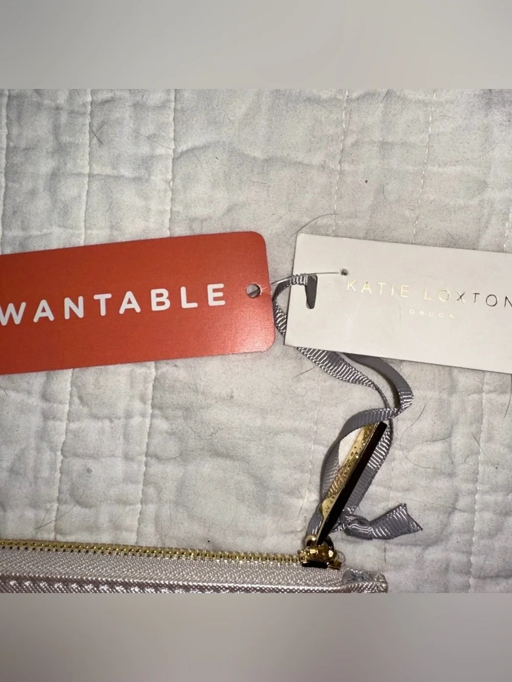 Katie Loxton NWT Perfect Pouch Ivory Gold Saffiano Wristlet Clutch Holiday Bag